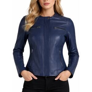 Vince Quilted Sleeve Lamb Leather Moto Jacket Front Zip Blue Size XS